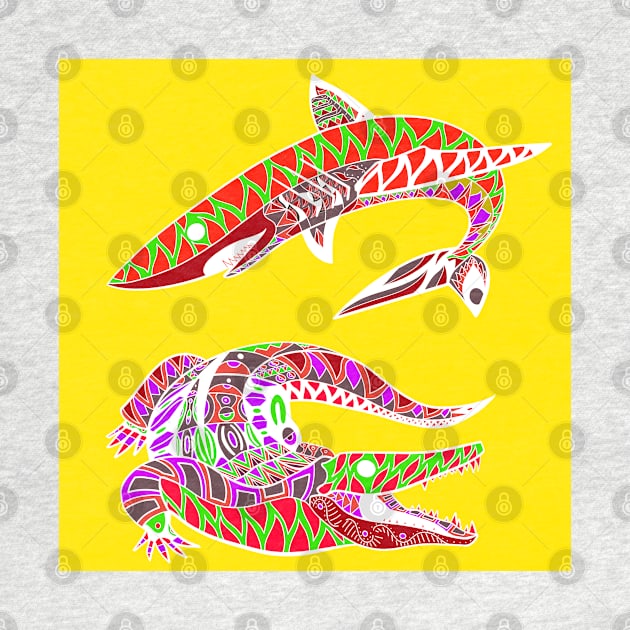 yellow shark and crocodile in kingdom art ecopop by jorge_lebeau